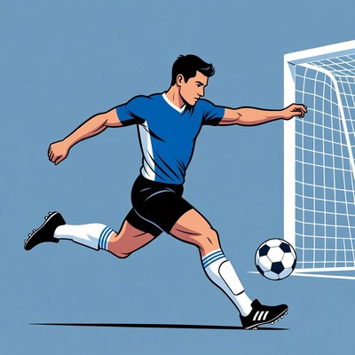 Soccer player kicks ball toward goal