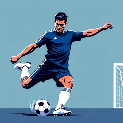 Soccer player kicks ball on field