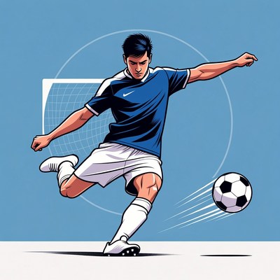 Soccer player kicks ball toward goal