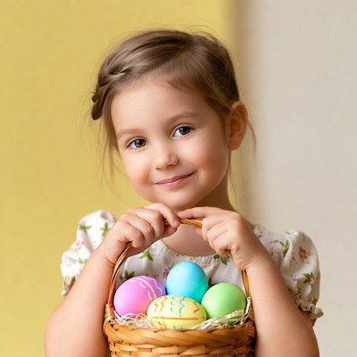 Girl holding basket of colored eggs