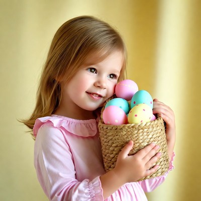 Girl with decorated eggs in basket