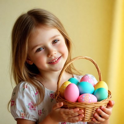 Girl holding basket of colored eggs