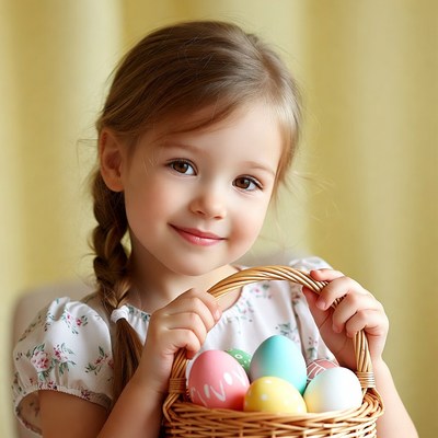 Girl holds basket of decorated eggs