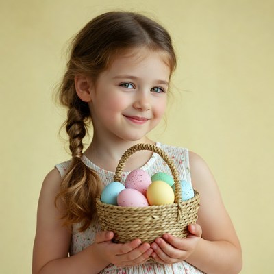 Girl holding basket of colorful eggs