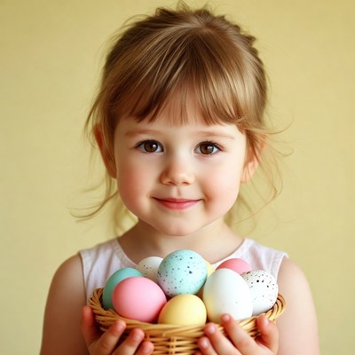 Little girl holds colored eggs in basket