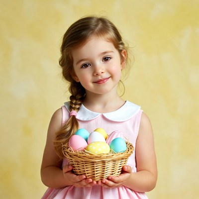 Girl holds basket of eggs
