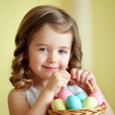 Girl holding basket with colored eggs