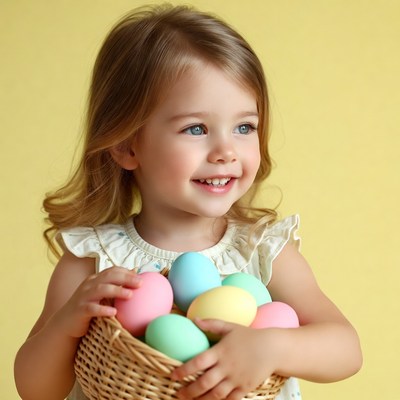 Child with colorful eggs in basket