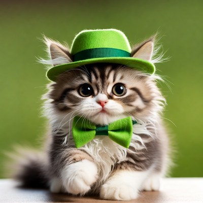 Kitten wearing green hat and bow tie