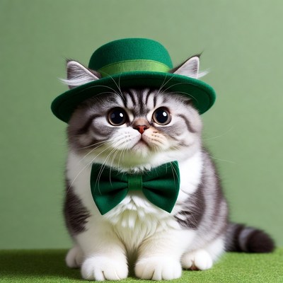 Cat in green hat and bow tie