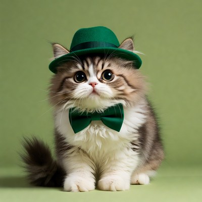 Cat in green hat and bow tie