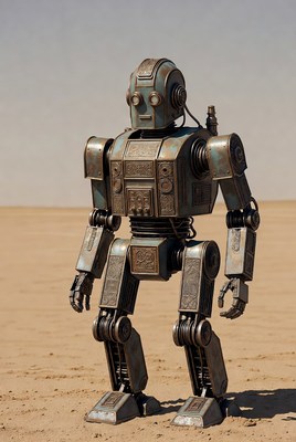 Robot standing in desert area