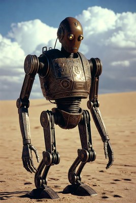 Robot stands in desert landscape