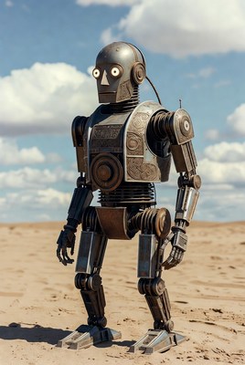 Robot standing on sandy ground