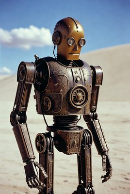 Robot standing in desert landscape