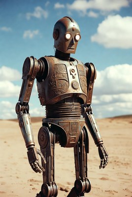 Robot standing in desert scene