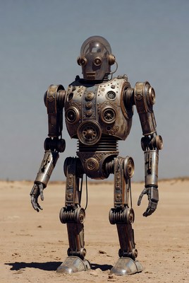 Robot stands in desert landscape
