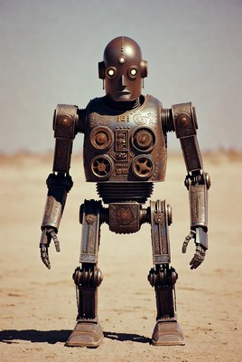 Robot stands on sand in desert
