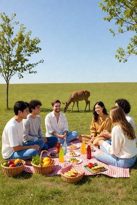 People enjoy picnic with snacks and drinks