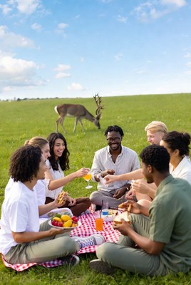 Friends enjoy picnic outdoors with deer nearby
