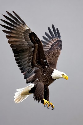 Eagle in flight over gray sky