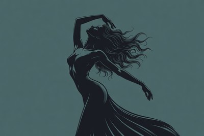 Woman dancing with flowing hair and dress