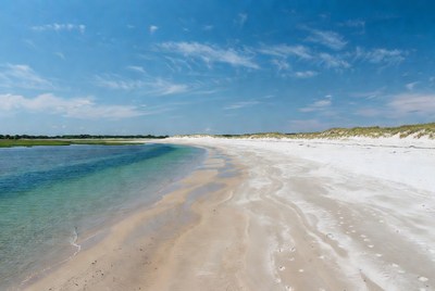 Beach scene at low tide near a riverbank