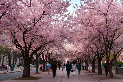 Strolling under blooming cherry trees