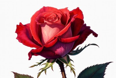 Bright red rose with green leaves