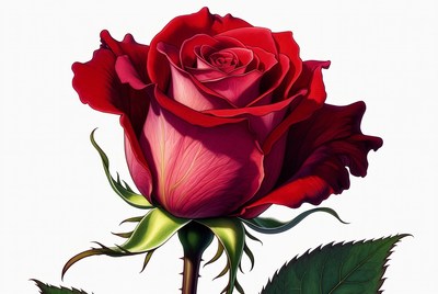 Red rose with green leaves details