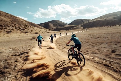 Bikers riding on dirt trail in mountains