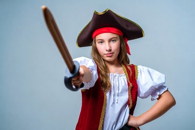 Young pirate with wooden sword poses confidently