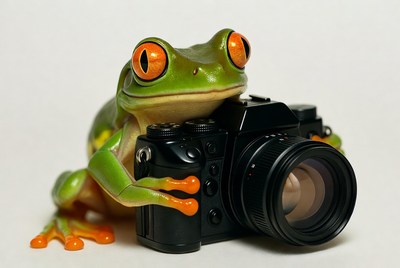 Frog with a camera in focus