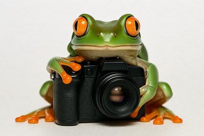 Frog holding a camera in studio