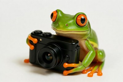Frog holding a camera in studio