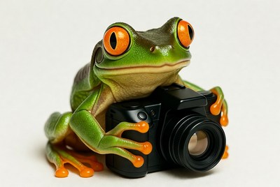 Frog with camera in studio setting