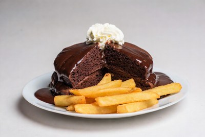 Chocolate cake with fries served on a plate