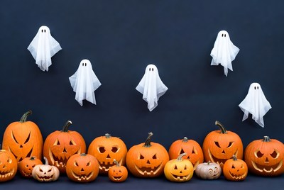 Halloween pumpkins and ghosts display