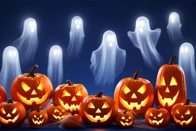 Halloween night with glowing pumpkins and ghosts