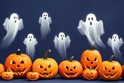 Halloween pumpkins and ghosts display