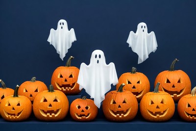 Halloween pumpkins and ghosts display