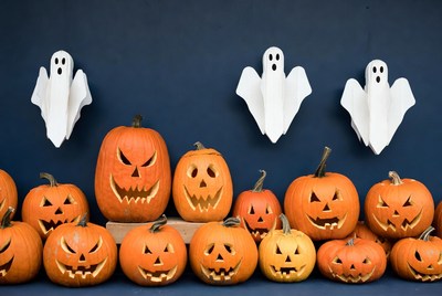 Halloween pumpkins and ghost decorations display