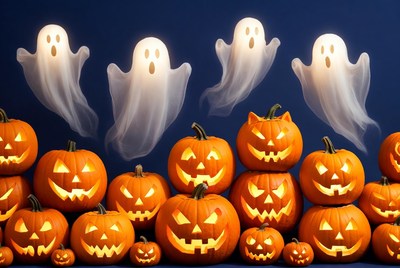 Ghosts and pumpkins at halloween display