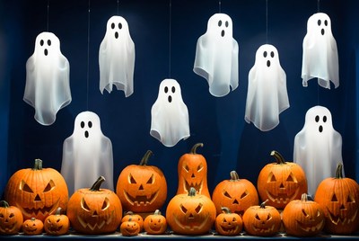 Halloween display with pumpkins and ghosts