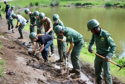 Volunteers working on trail repair project