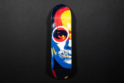 Colorful skateboard deck design displayed