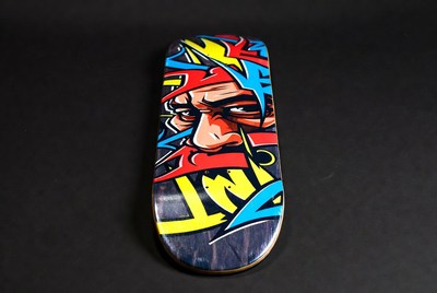 Skateboard design with colorful artwork