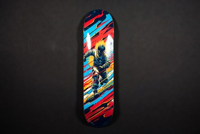 Colorful skate deck design with skater