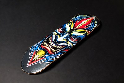 Unique skateboard deck design displayed on a table