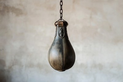 Hanging leather punching bag in gym